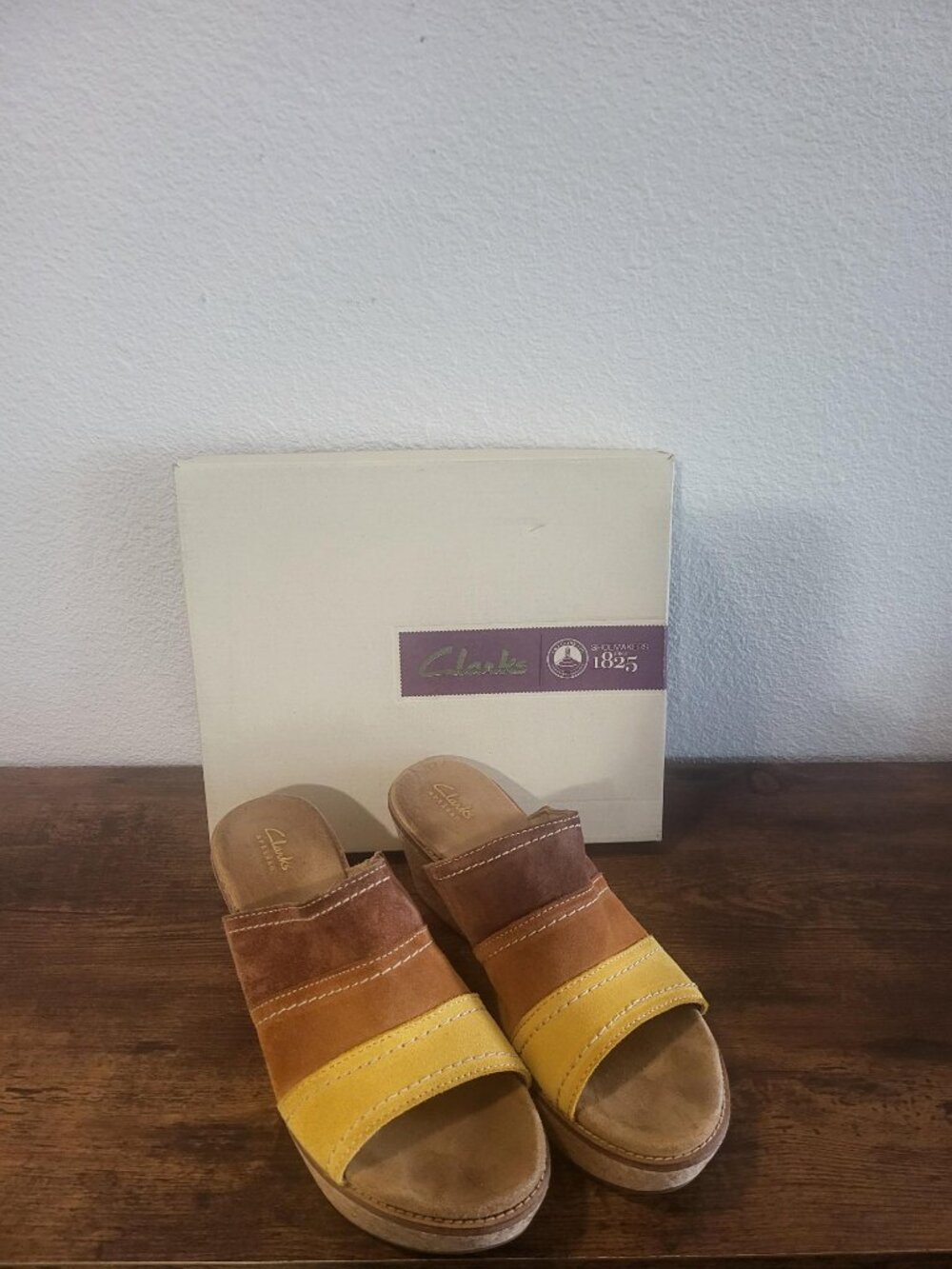 Clarks Artisan Multicolor Suede Cork Platform Wedge Slide Sandals Size 8.5 w/Box